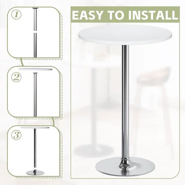 Alt view image 6 of 7 - Round Bistro Pub Table Modern Style Metal Base MDF Top Cocktail Bar Table Counter Bar Height for Pub, Dining Room, Party (1, White-Silver)