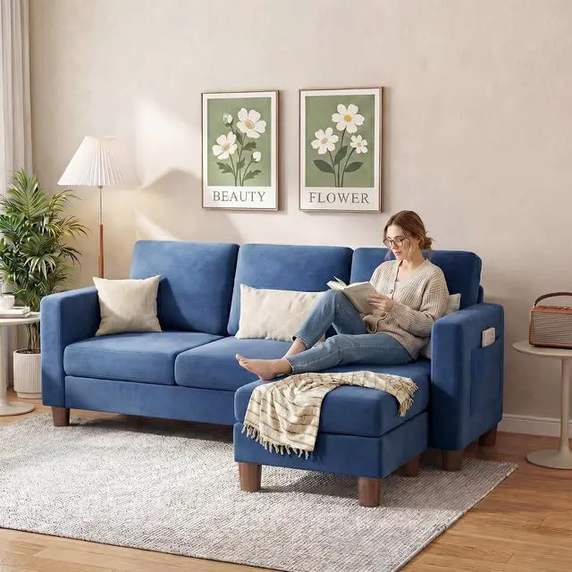 Alt view image 4 of 7 - 72 L Shaped Convertible Sectional Couches for Living Room, Couch with Removeable Ottoman,Small Sectional Sofa for Small Apartments, Living Room and Office (Linen fabic, Blue)