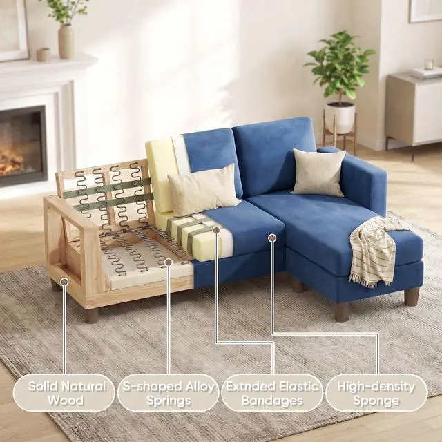 Alt view image 5 of 7 - 72 L Shaped Convertible Sectional Couches for Living Room, Couch with Removeable Ottoman,Small Sectional Sofa for Small Apartments, Living Room and Office (Linen fabic, Blue)