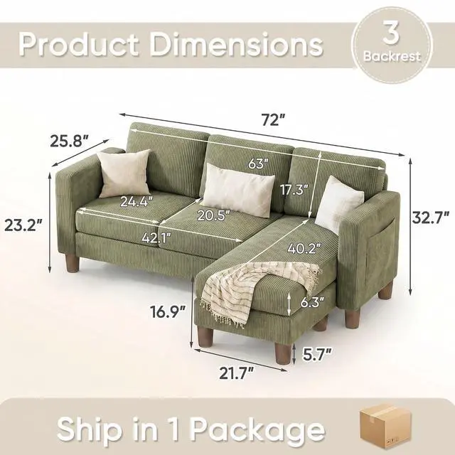 Alt view image 2 of 7 - 72 L Shaped Convertible Sectional Couches for Living Room, Couch with Removeable Ottoman,Small Sectional Sofa for Small Apartments, Living Room and Office (Corduroy fabic, Green)