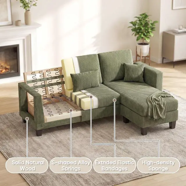 Alt view image 5 of 7 - 72 L Shaped Convertible Sectional Couches for Living Room, Couch with Removeable Ottoman,Small Sectional Sofa for Small Apartments, Living Room and Office (Corduroy fabic, Green)