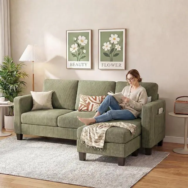 Alt view image 4 of 7 - 72 L Shaped Convertible Sectional Couches for Living Room, Couch with Removeable Ottoman,Small Sectional Sofa for Small Apartments, Living Room and Office (Corduroy fabic, Green)