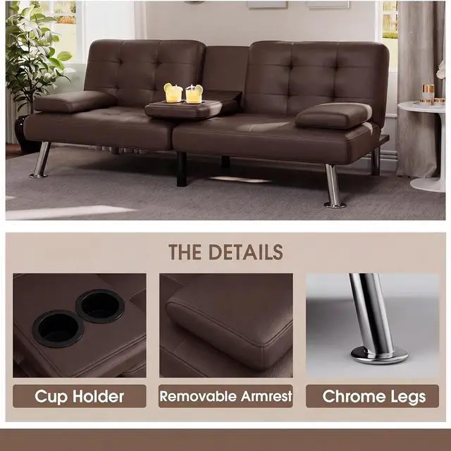 Alt view image 5 of 7 - Futon Sofa Bed Modern Folding Futon Set Convertible Recliner Lounge for Living Room with 2 Cup Holders, Removable Armrests (PU Leather, Brown)