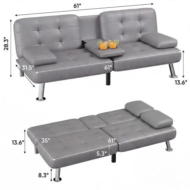 Alt view image 3 of 7 - Futon Sofa Bed Modern Folding Futon Set PU Leather Convertible Recliner Lounge for Living Room with 2 Cup Holders, Removable Armrests (PU Leather, Dark Grey)