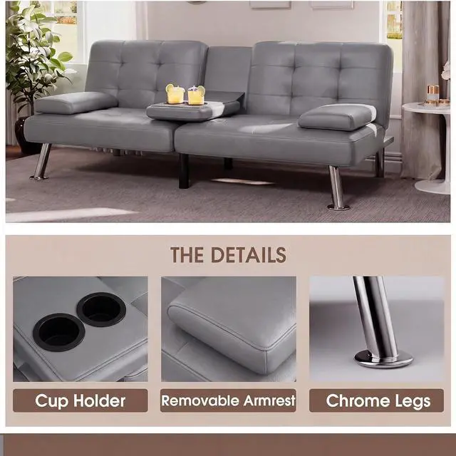 Alt view image 5 of 7 - Futon Sofa Bed Modern Folding Futon Set PU Leather Convertible Recliner Lounge for Living Room with 2 Cup Holders, Removable Armrests (PU Leather, Dark Grey)