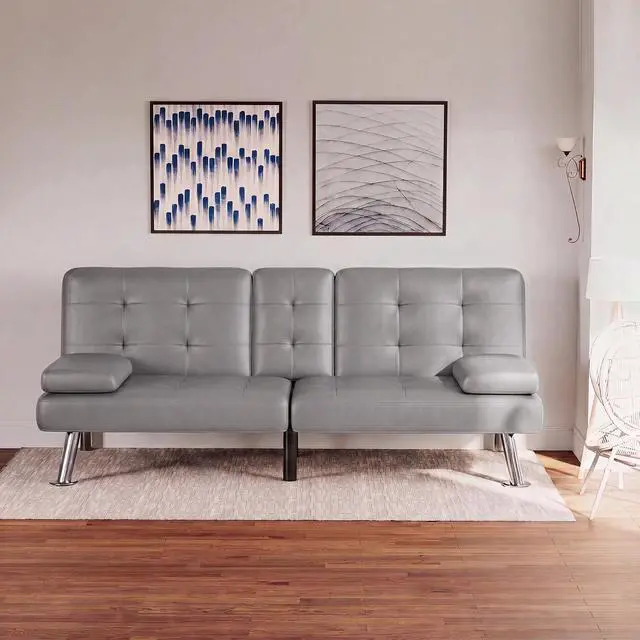 Alt view image 7 of 7 - Futon Sofa Bed Modern Folding Futon Set PU Leather Convertible Recliner Lounge for Living Room with 2 Cup Holders, Removable Armrests (PU Leather, Dark Grey)