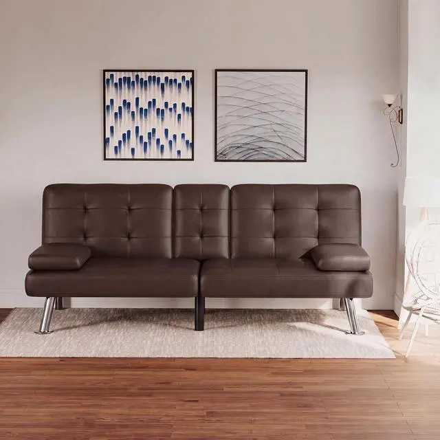 Alt view image 7 of 7 - Futon Sofa Bed Modern Folding Futon Set Convertible Recliner Lounge for Living Room with 2 Cup Holders, Removable Armrests (PU Leather, Brown)