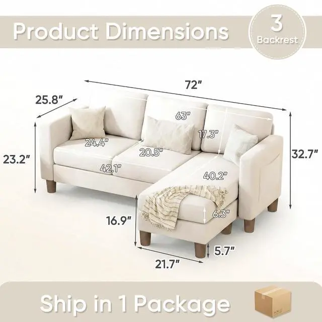 Alt view image 2 of 7 - 72 L Shaped Convertible Sectional Couches for Living Room, Couch with Removeable Ottoman,Small Sectional Sofa for Small Apartments, Living Room and Office (Linen fabic, White)
