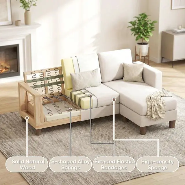 Alt view image 5 of 7 - 72 L Shaped Convertible Sectional Couches for Living Room, Couch with Removeable Ottoman,Small Sectional Sofa for Small Apartments, Living Room and Office (Linen fabic, White)