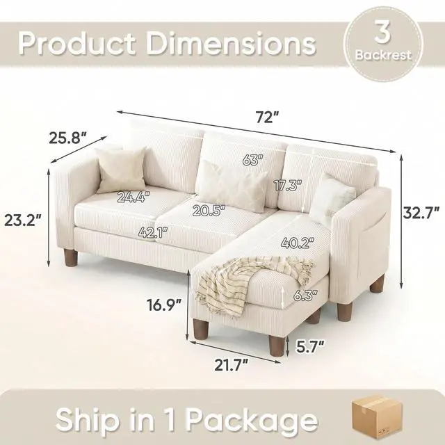 Alt view image 2 of 7 - 72 L Shaped Convertible Sectional Couches for Living Room, Couch with Removeable Ottoman,Small Sectional Sofa for Small Apartments, Living Room and Office (Corduroy fabic, Beige)