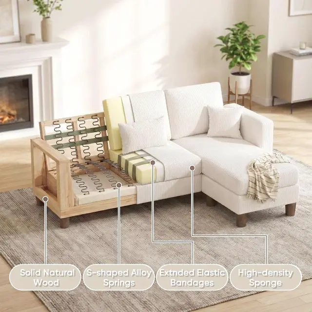 Alt view image 5 of 7 - 72 L Shaped Convertible Sectional Couches for Living Room, Couch with Removeable Ottoman,Small Sectional Sofa for Small Apartments, Living Room and Office (Corduroy fabic, Beige)