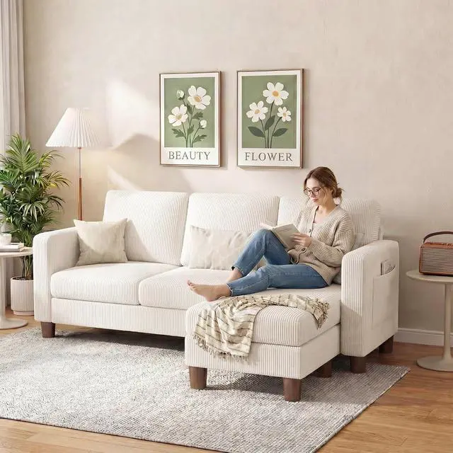 Alt view image 4 of 7 - 72 L Shaped Convertible Sectional Couches for Living Room, Couch with Removeable Ottoman,Small Sectional Sofa for Small Apartments, Living Room and Office (Corduroy fabic, Beige)