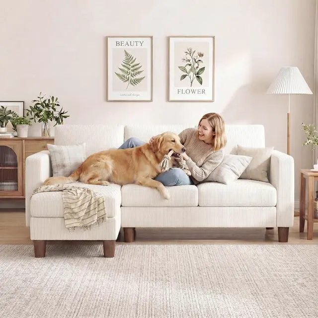 Alt view image 3 of 7 - 72 L Shaped Convertible Sectional Couches for Living Room, Couch with Removeable Ottoman,Small Sectional Sofa for Small Apartments, Living Room and Office (Corduroy fabic, Beige)