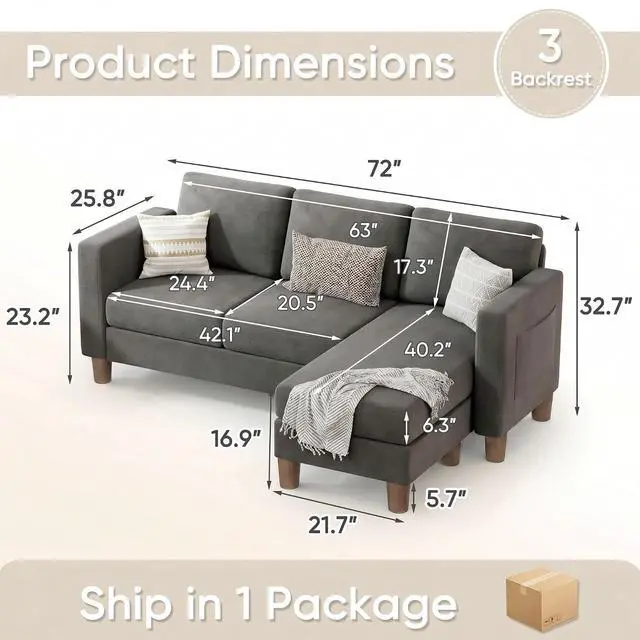 Alt view image 2 of 7 - 72 L Shaped Convertible Sectional Couches for Living Room, Couch with Removeable Ottoman,Small Sectional Sofa for Small Apartments, Living Room and Office (Linen fabic, Dark Grey)