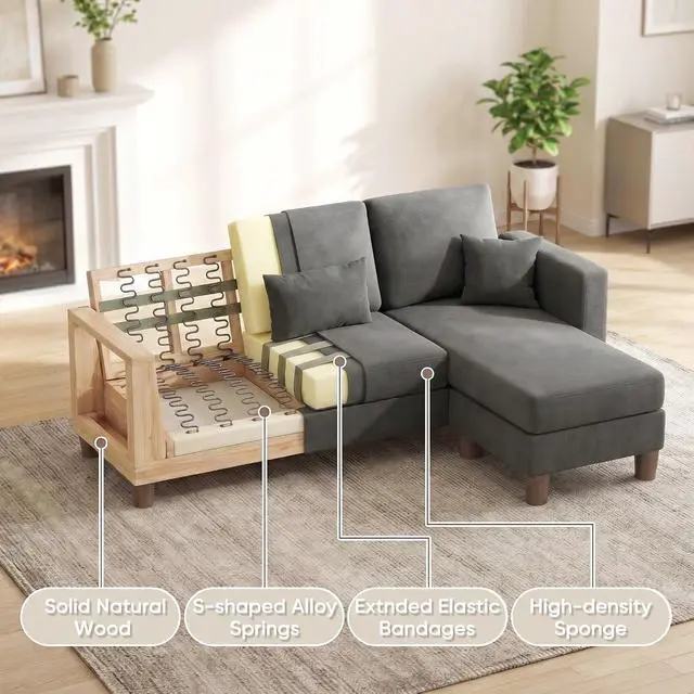Alt view image 5 of 7 - 72 L Shaped Convertible Sectional Couches for Living Room, Couch with Removeable Ottoman,Small Sectional Sofa for Small Apartments, Living Room and Office (Linen fabic, Dark Grey)