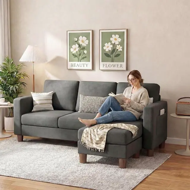 Alt view image 4 of 7 - 72 L Shaped Convertible Sectional Couches for Living Room, Couch with Removeable Ottoman,Small Sectional Sofa for Small Apartments, Living Room and Office (Linen fabic, Dark Grey)