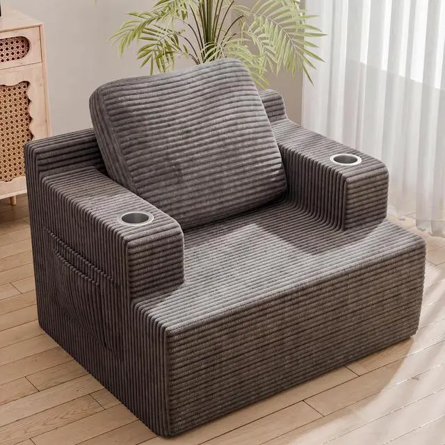 Main image of 42 Single Sofa Foam Couch for Small Spaces Upholstered Floor Sofa with Cup Holder & Storage Pocket Boneless Couch for Bedroom Living Room (Grey, Single)