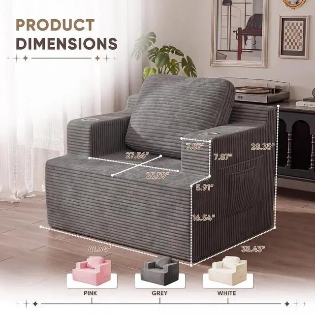 Alt view image 2 of 7 - 42 Single Sofa Foam Couch for Small Spaces Upholstered Floor Sofa with Cup Holder & Storage Pocket Boneless Couch for Bedroom Living Room (Grey, Single)