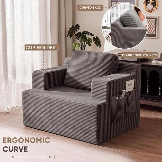 Alt view image 4 of 7 - 42 Single Sofa Foam Couch for Small Spaces Upholstered Floor Sofa with Cup Holder & Storage Pocket Boneless Couch for Bedroom Living Room (Grey, Single)