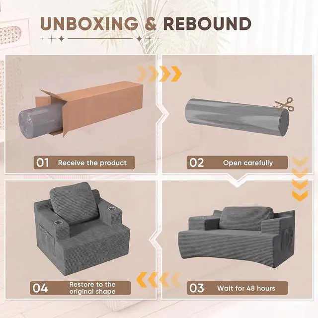Alt view image 5 of 7 - 42 Single Sofa Foam Couch for Small Spaces Upholstered Floor Sofa with Cup Holder & Storage Pocket Boneless Couch for Bedroom Living Room (Grey, Single)