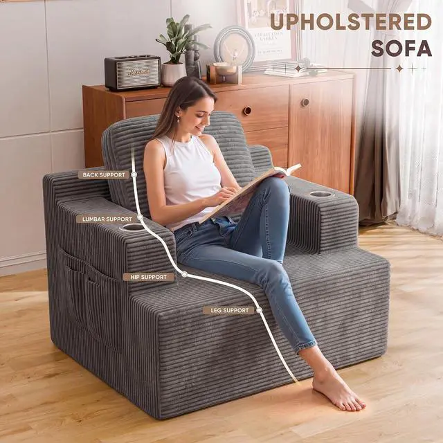 Alt view image 3 of 7 - 42 Single Sofa Foam Couch for Small Spaces Upholstered Floor Sofa with Cup Holder & Storage Pocket Boneless Couch for Bedroom Living Room (Grey, Single)