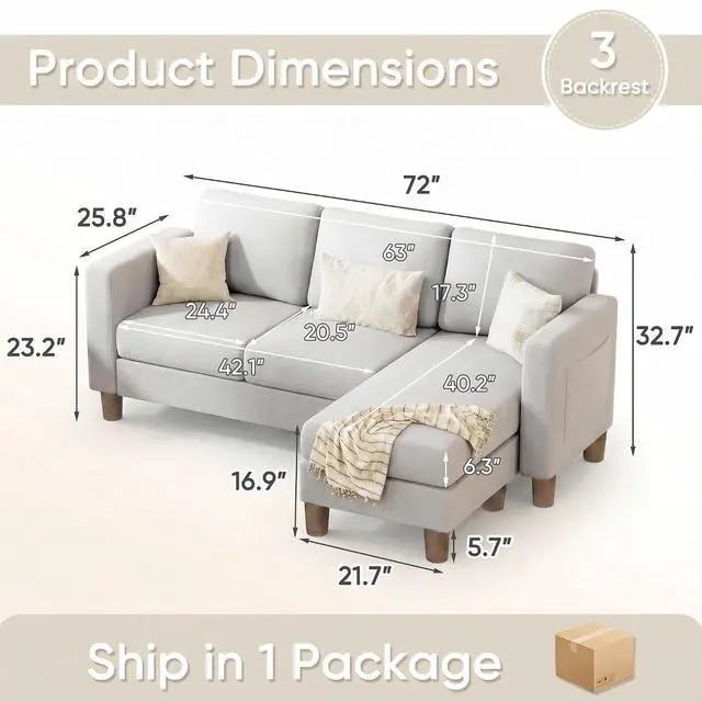 Alt view image 2 of 7 - 72 L Shaped Convertible Sectional Couches for Living Room, Couch with Removeable Ottoman,Small Sectional Sofa for Small Apartments, Living Room and Office (Linen fabic, Light Grey)