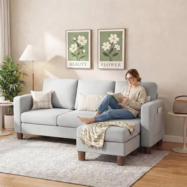Alt view image 4 of 7 - 72 L Shaped Convertible Sectional Couches for Living Room, Couch with Removeable Ottoman,Small Sectional Sofa for Small Apartments, Living Room and Office (Linen fabic, Light Grey)