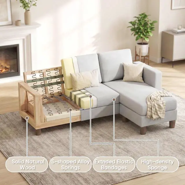 Alt view image 5 of 7 - 72 L Shaped Convertible Sectional Couches for Living Room, Couch with Removeable Ottoman,Small Sectional Sofa for Small Apartments, Living Room and Office (Linen fabic, Light Grey)
