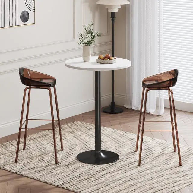 Alt view image 2 of 7 - Round Bistro Pub Table Modern Style Metal Base MDF Top Cocktail Bar Table Counter Bar Height for Pub, Dining Room, Party (1, White-Black)