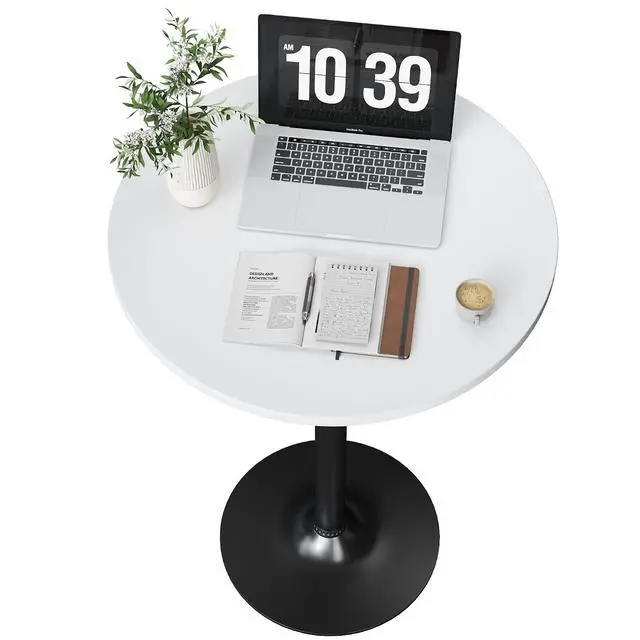 Alt view image 4 of 7 - Round Bistro Pub Table Modern Style Metal Base MDF Top Cocktail Bar Table Counter Bar Height for Pub, Dining Room, Party (1, White-Black)