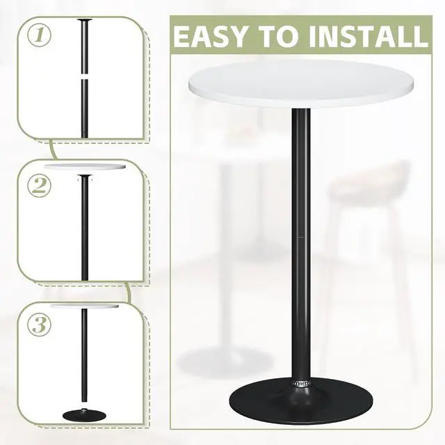 Alt view image 6 of 7 - Round Bistro Pub Table Modern Style Metal Base MDF Top Cocktail Bar Table Counter Bar Height for Pub, Dining Room, Party (1, White-Black)
