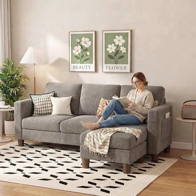 Alt view image 4 of 7 - 72 L Shaped Convertible Sectional Couches for Living Room, Couch with Removeable Ottoman,Small Sectional Sofa for Small Apartments, Living Room and Office (Corduroy fabic, Grey)