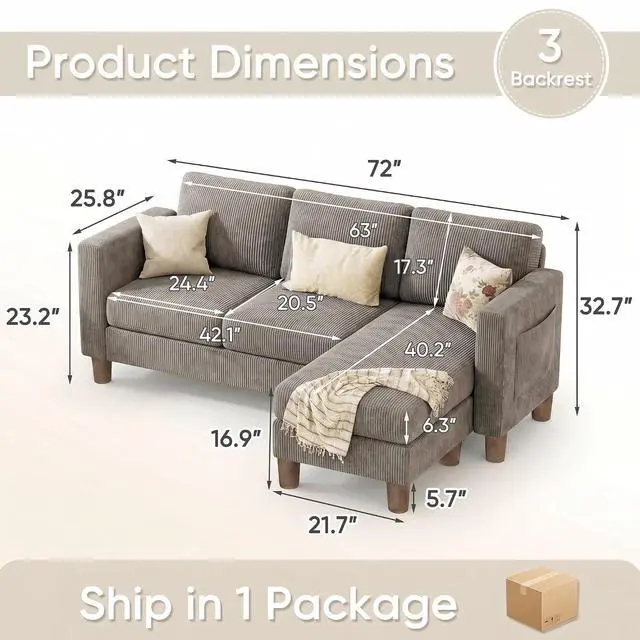 Alt view image 2 of 7 - 72 L Shaped Convertible Sectional Couches for Living Room, Couch with Removeable Ottoman,Small Sectional Sofa for Small Apartments, Living Room and Office (Corduroy fabic, Grey)