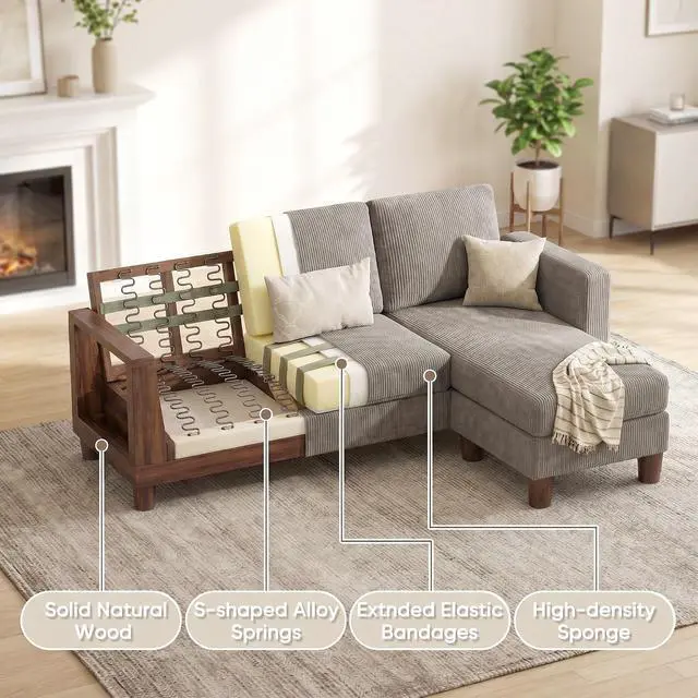 Alt view image 5 of 7 - 72 L Shaped Convertible Sectional Couches for Living Room, Couch with Removeable Ottoman,Small Sectional Sofa for Small Apartments, Living Room and Office (Corduroy fabic, Grey)