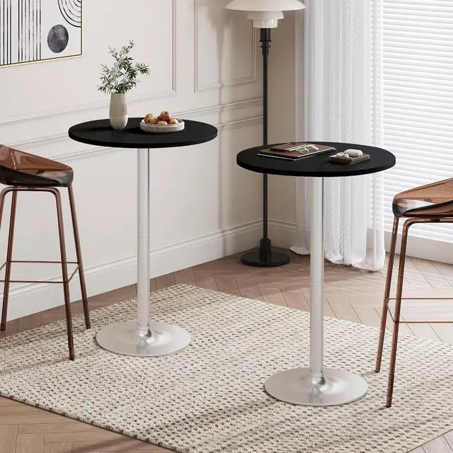 Alt view image 2 of 7 - Round Bistro Pub Table Modern Style Metal Base MDF Top Cocktail Bar Table Counter Bar Height for Pub, Dining Room, Party (4, Black-Silver)