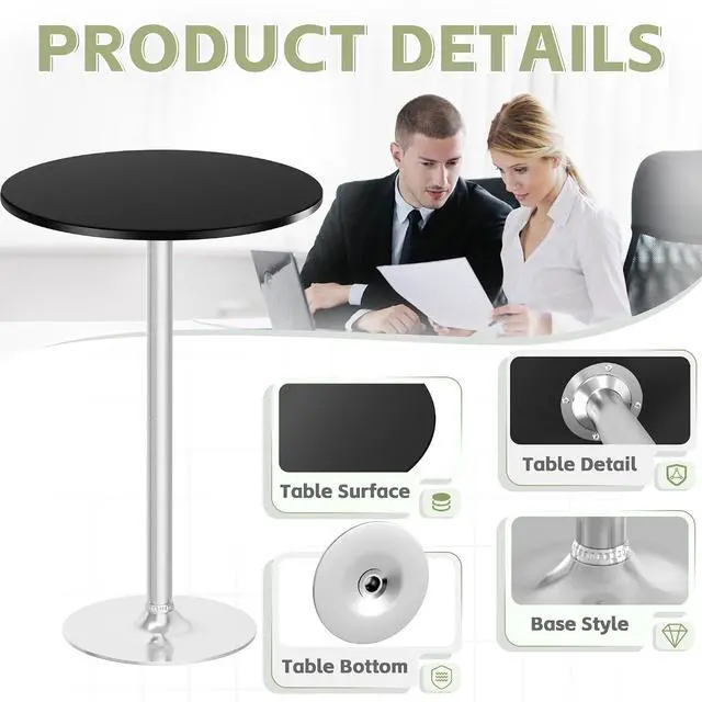 Alt view image 4 of 7 - Round Bistro Pub Table Modern Style Metal Base MDF Top Cocktail Bar Table Counter Bar Height for Pub, Dining Room, Party (4, Black-Silver)