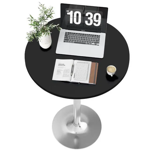 Alt view image 5 of 7 - Round Bistro Pub Table Modern Style Metal Base MDF Top Cocktail Bar Table Counter Bar Height for Pub, Dining Room, Party (4, Black-Silver)