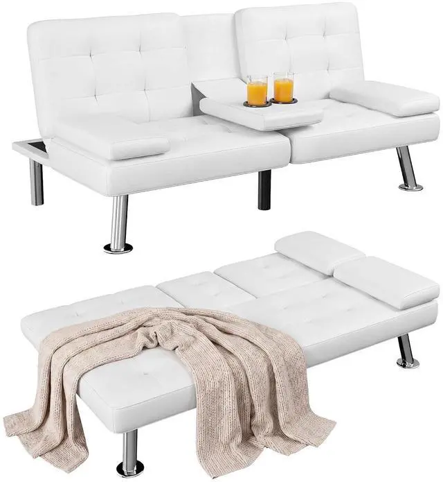 Main image of Futon Sofa Bed, Leather Futon Couch with Removable Armrests, Adjustable Recliner Sleeper Sofa Bed with Dual Cup Holders for Living Room, Apartment, Office (White)