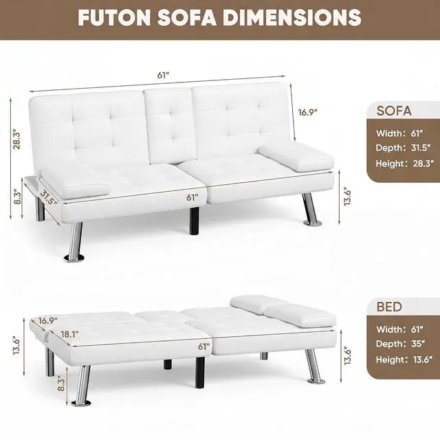 Alt view image 3 of 7 - Futon Sofa Bed, Leather Futon Couch with Removable Armrests, Adjustable Recliner Sleeper Sofa Bed with Dual Cup Holders for Living Room, Apartment, Office (White)