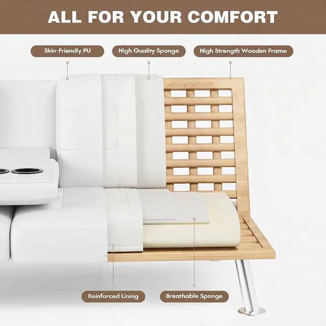 Alt view image 7 of 7 - Futon Sofa Bed, Leather Futon Couch with Removable Armrests, Adjustable Recliner Sleeper Sofa Bed with Dual Cup Holders for Living Room, Apartment, Office (White)