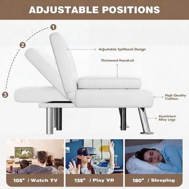 Alt view image 6 of 7 - Futon Sofa Bed, Leather Futon Couch with Removable Armrests, Adjustable Recliner Sleeper Sofa Bed with Dual Cup Holders for Living Room, Apartment, Office (White)