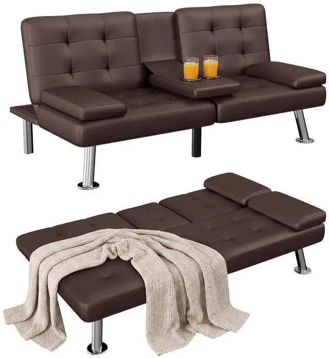 Main image of Futon Sofa Bed, Leather Futon Couch with Removable Armrests, Adjustable Recliner Sleeper Sofa Bed with Dual Cup Holders for Living Room, Apartment, Office (Brown)