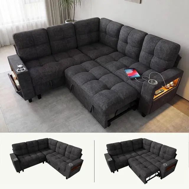 Main image of 83" Modular Sectional Sofa with Pull Out Bed, Sectional Couch | Multiple Storage, USB & Type-C Charging, LED Lighting, 2 Cup Holder, L/U Shaped, Chenille, for Living Room, Apartment, Grey