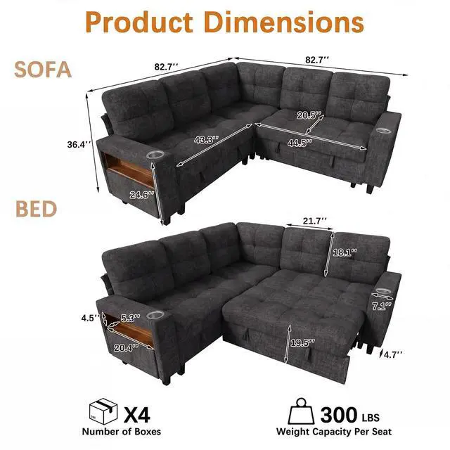 Alt view image 3 of 7 - 83" Modular Sectional Sofa with Pull Out Bed, Sectional Couch | Multiple Storage, USB & Type-C Charging, LED Lighting, 2 Cup Holder, L/U Shaped, Chenille, for Living Room, Apartment, Grey
