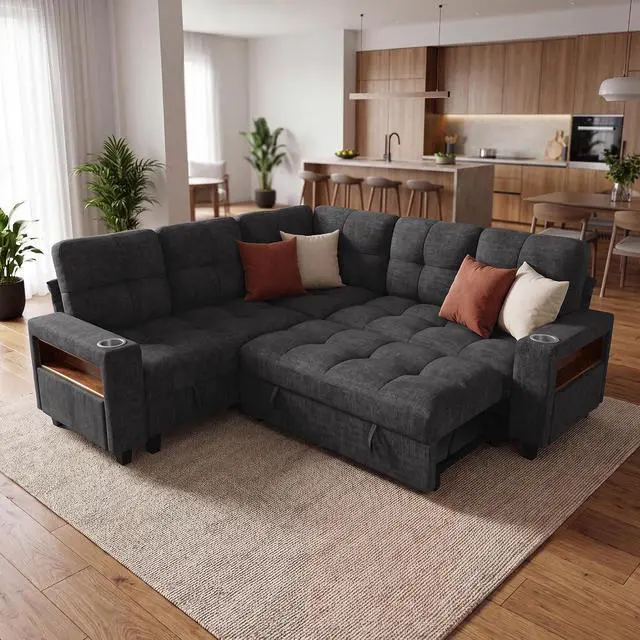 Alt view image 2 of 7 - 83" Modular Sectional Sofa with Pull Out Bed, Sectional Couch | Multiple Storage, USB & Type-C Charging, LED Lighting, 2 Cup Holder, L/U Shaped, Chenille, for Living Room, Apartment, Grey