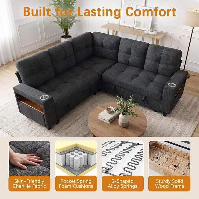 Alt view image 4 of 7 - 83" Modular Sectional Sofa with Pull Out Bed, Sectional Couch | Multiple Storage, USB & Type-C Charging, LED Lighting, 2 Cup Holder, L/U Shaped, Chenille, for Living Room, Apartment, Grey