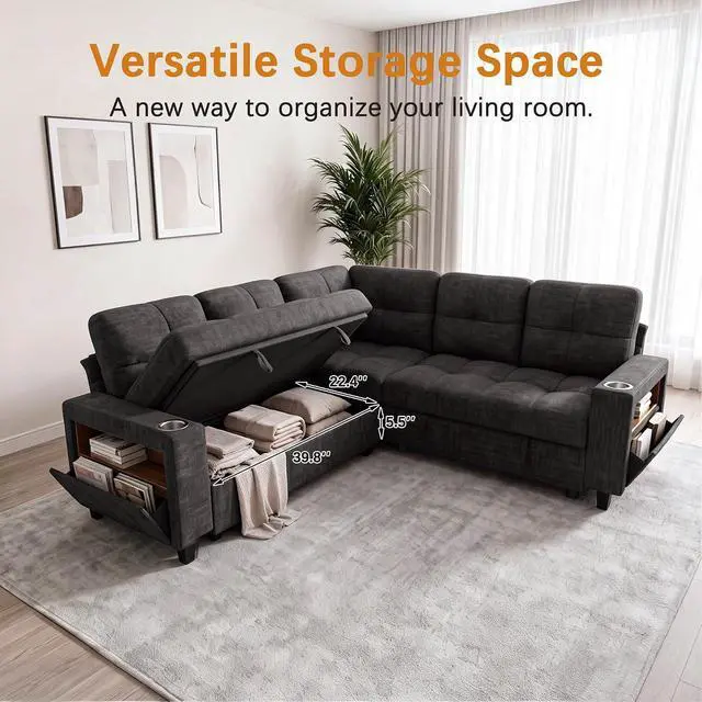 Alt view image 6 of 7 - 83" Modular Sectional Sofa with Pull Out Bed, Sectional Couch | Multiple Storage, USB & Type-C Charging, LED Lighting, 2 Cup Holder, L/U Shaped, Chenille, for Living Room, Apartment, Grey