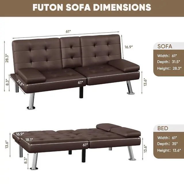 Alt view image 3 of 7 - Futon Sofa Bed, Leather Futon Couch with Removable Armrests, Adjustable Recliner Sleeper Sofa Bed with Dual Cup Holders for Living Room, Apartment, Office (Brown)