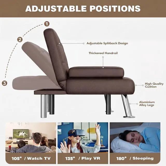 Alt view image 4 of 7 - Futon Sofa Bed, Leather Futon Couch with Removable Armrests, Adjustable Recliner Sleeper Sofa Bed with Dual Cup Holders for Living Room, Apartment, Office (Brown)