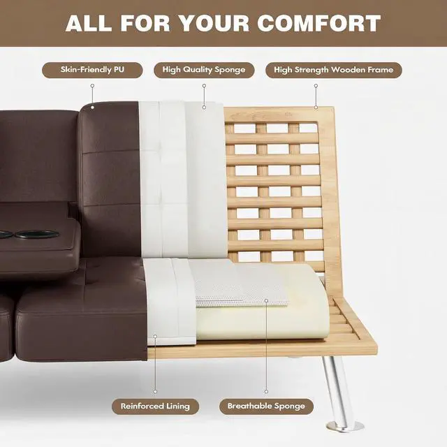Alt view image 5 of 7 - Futon Sofa Bed, Leather Futon Couch with Removable Armrests, Adjustable Recliner Sleeper Sofa Bed with Dual Cup Holders for Living Room, Apartment, Office (Brown)